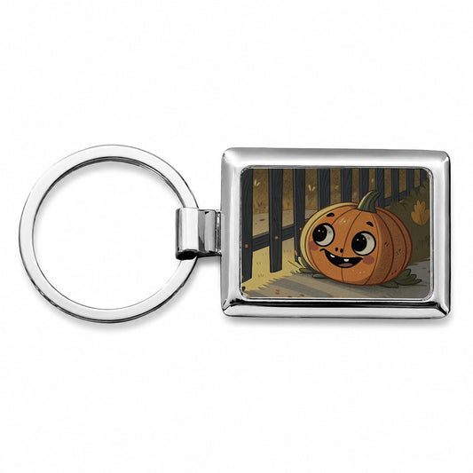 Halloween Pumpkin Jack O Lantern Fence Rectangle Metal Keychain