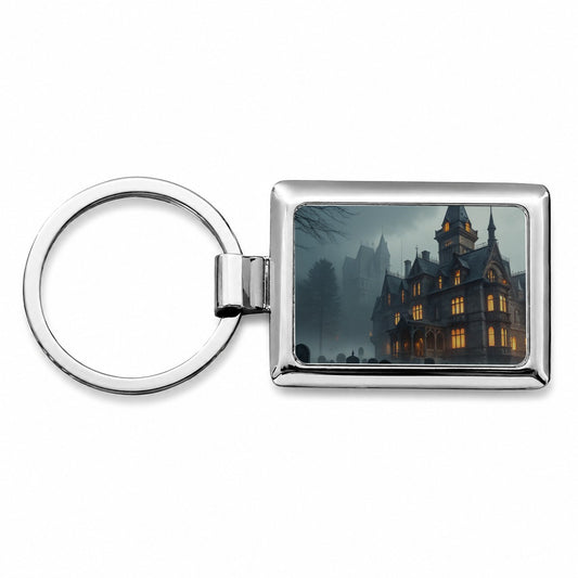 Haunted Victorian Mansion Halloween Rectangle Metal Keychain