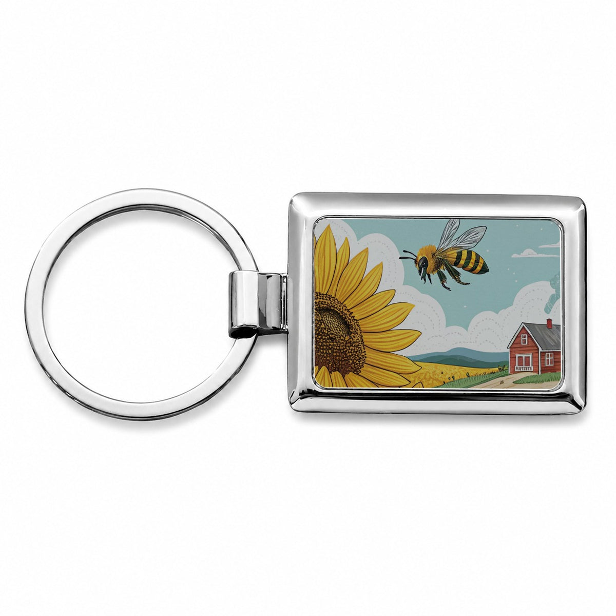 Honeybee Sunflower Farm Rectangle Metal Keychain
