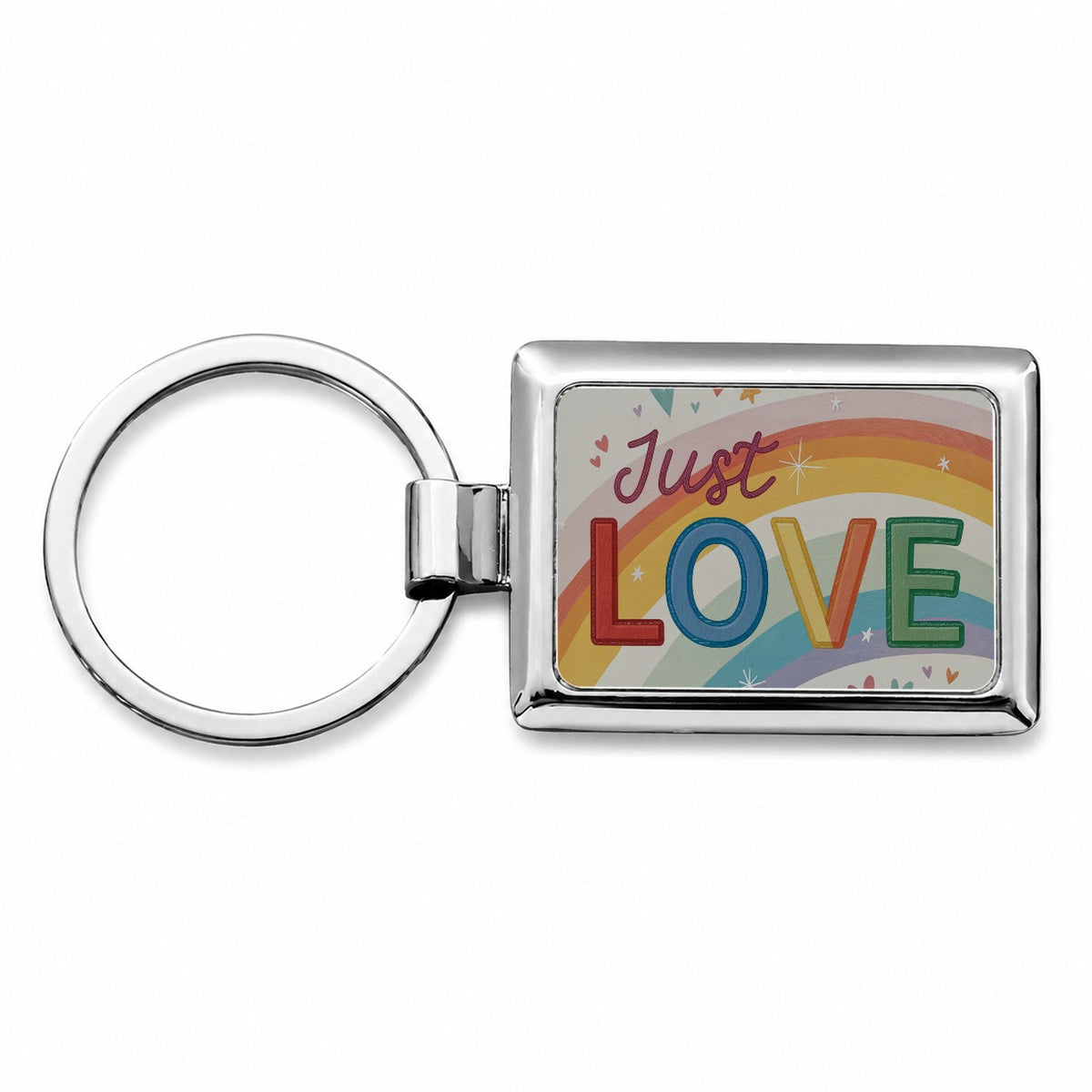 Just Love Rainbow Pride Rectangle Metal Keychain