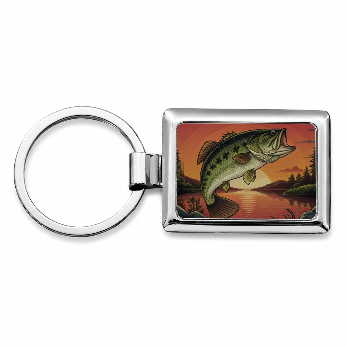 Largemouth Bass Trophy Fishing Sunset Rectangle Metal Keychain