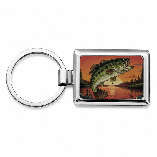 Largemouth Bass Trophy Fishing Sunset Rectangle Metal Keychain