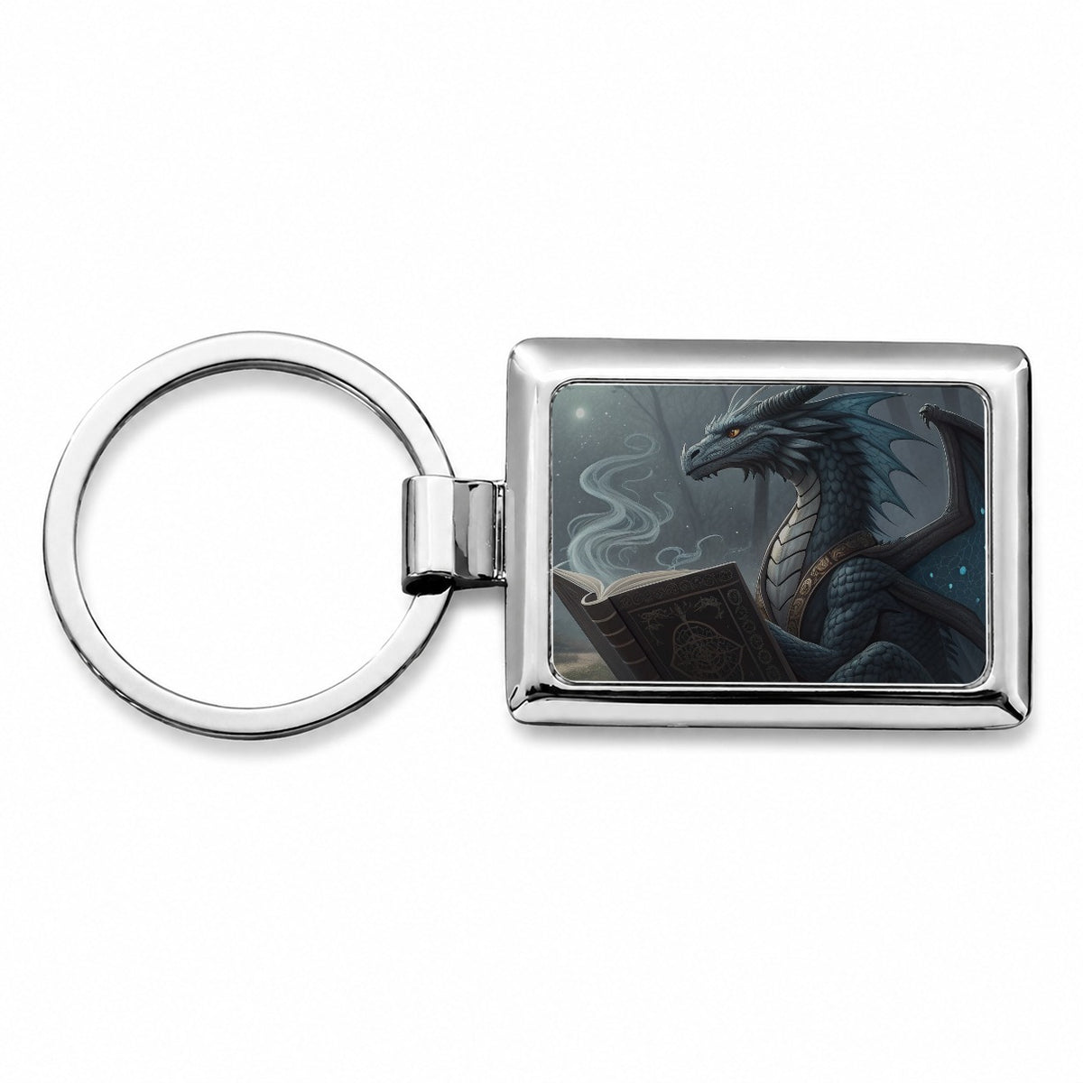 Misty Dragon Reading Book Rectangle Metal Keychain