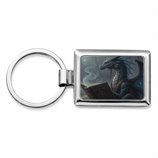 Misty Dragon Reading Book Rectangle Metal Keychain