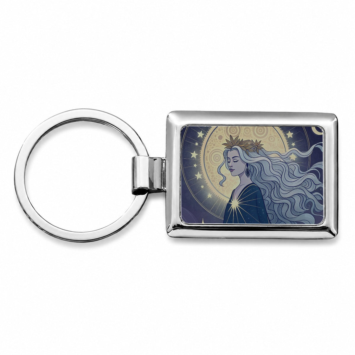 Moon Goddess Cosmic Tarot Rectangle Metal Keychain