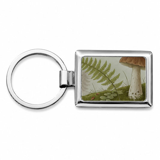 Mushroom Fern Nature Illustration Rectangle Metal Keychain
