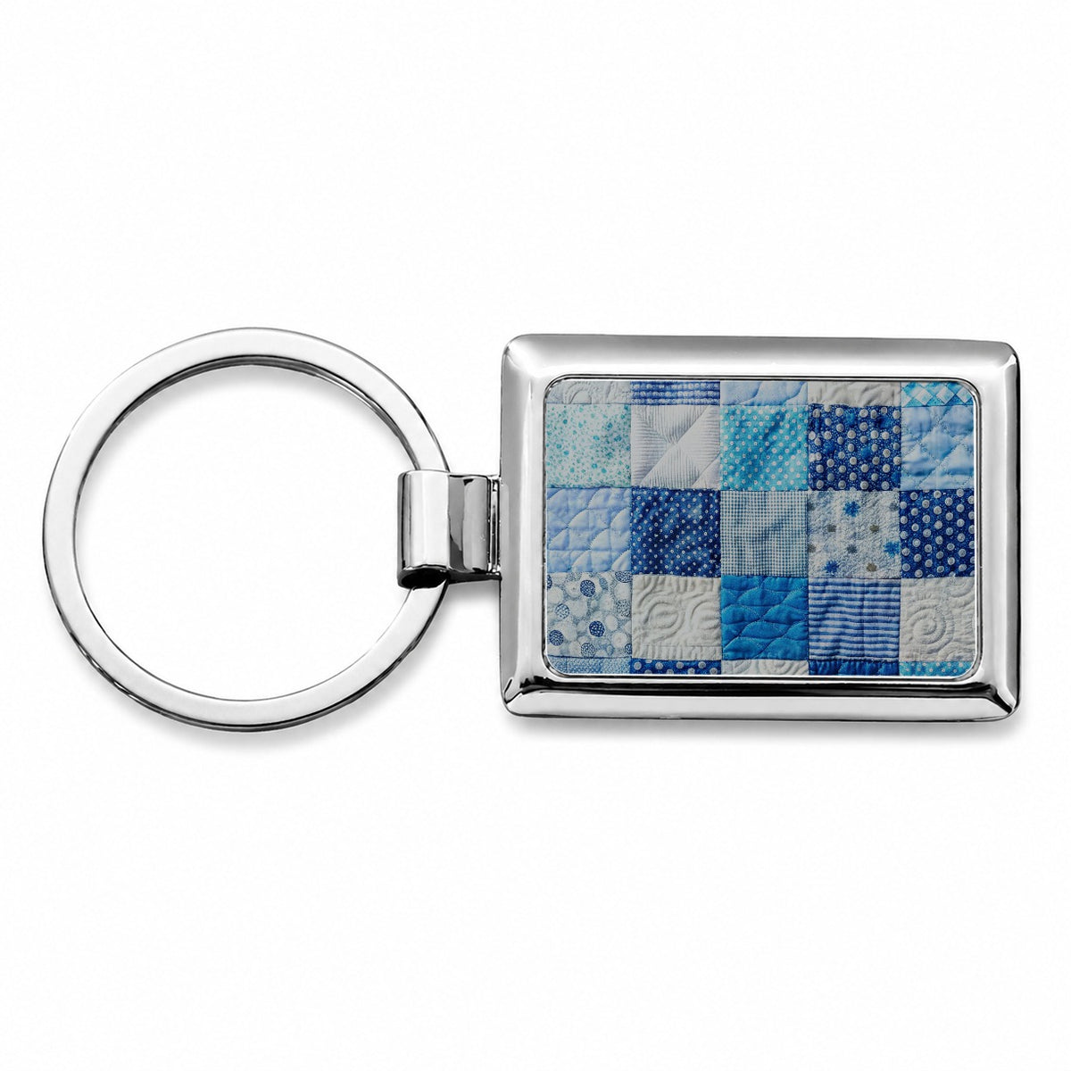 Patchwork Quilt Blue Rectangle Metal Keychain