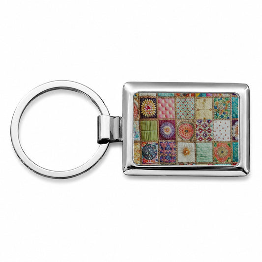 Patchwork Quilt Bohemian Rectangle Metal Keychain