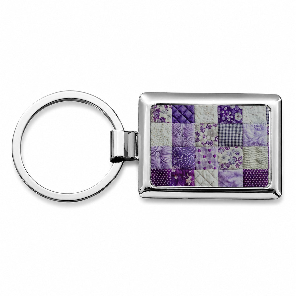 Patchwork Quilt Purple Rectangle Metal Keychain