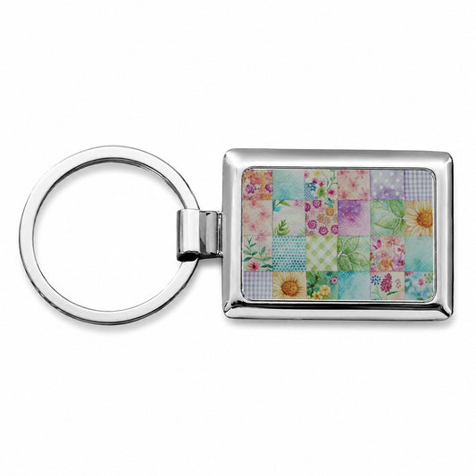 Patchwork Quilt Watercolor Rectangle Metal Keychain