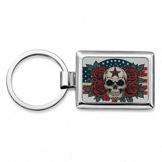 Patriotic Skull USA American Flag Rectangle Metal Keychain
