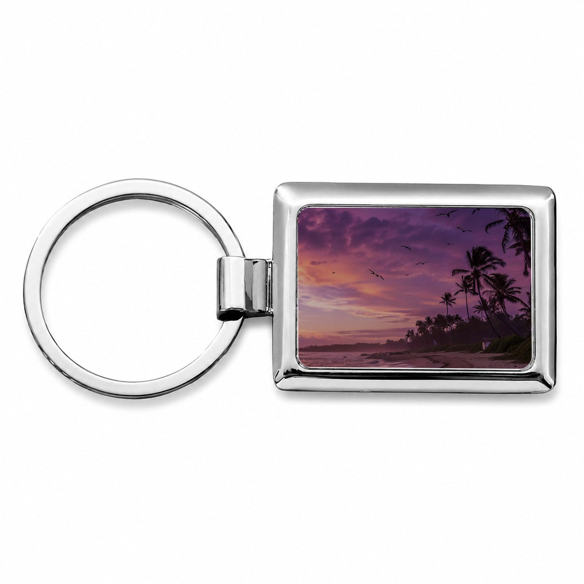 Purple Sunset On Beach Rectangle Metal Keychain
