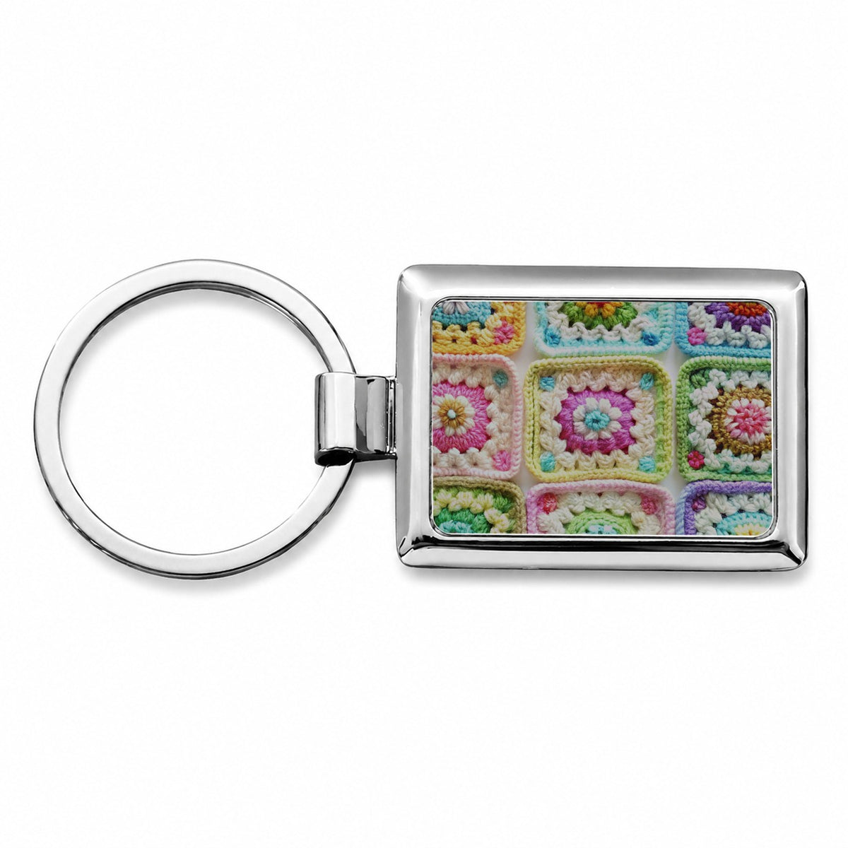 Rainbow Crochet Granny Squares Rectangle Metal Keychain