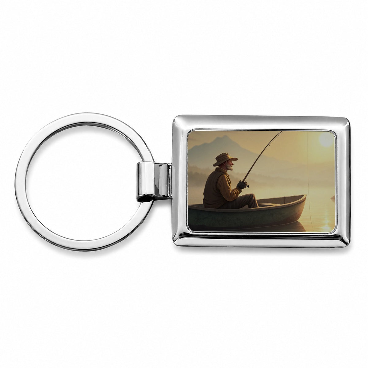 Relaxed Fisherman Lake Sunrise Rectangle Metal Keychain