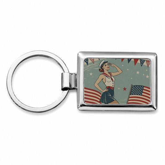 Retro Patriotic Pinup Style USA America Rectangle Metal Keychain