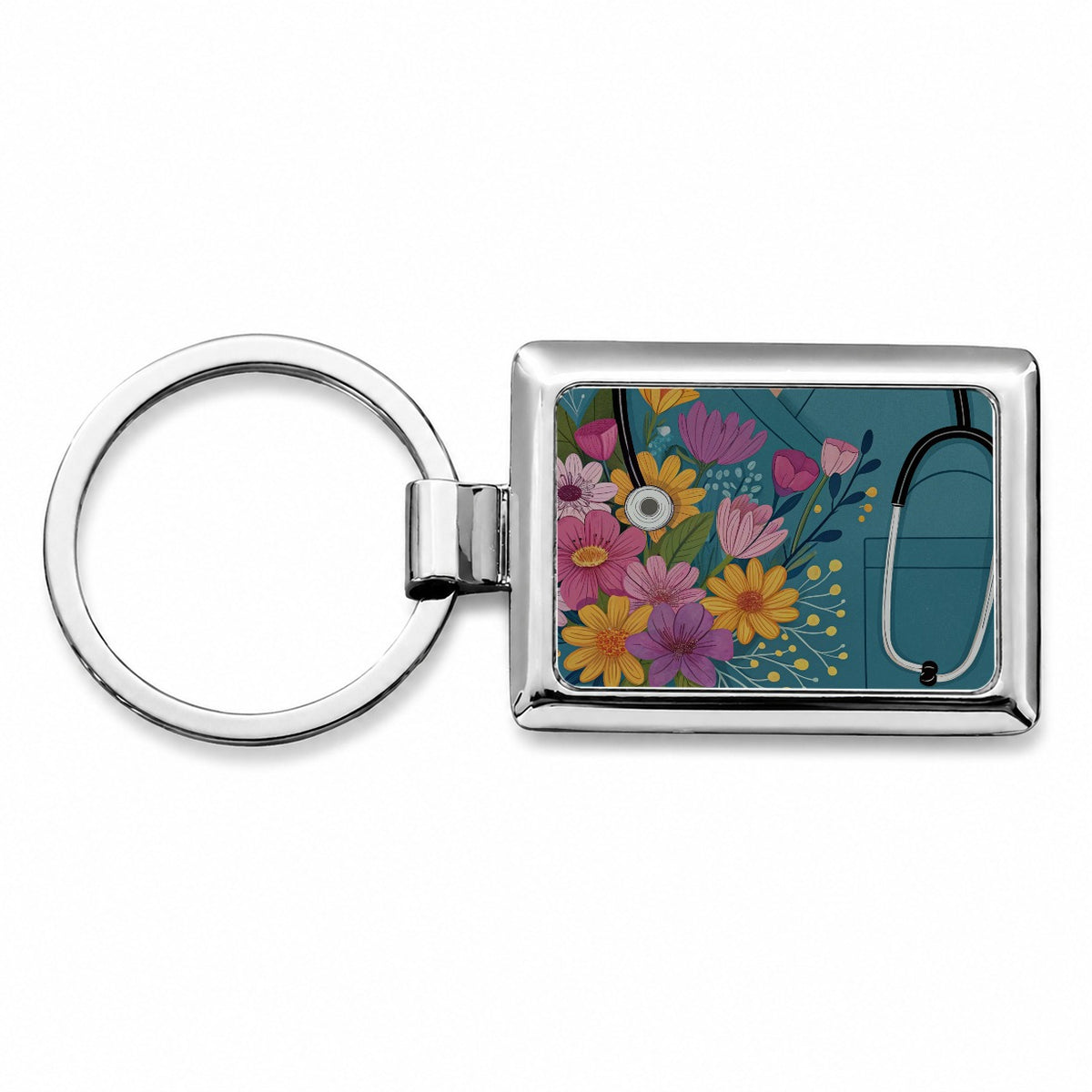 RN LVN Nurse Flowers Rectangle Metal Keychain