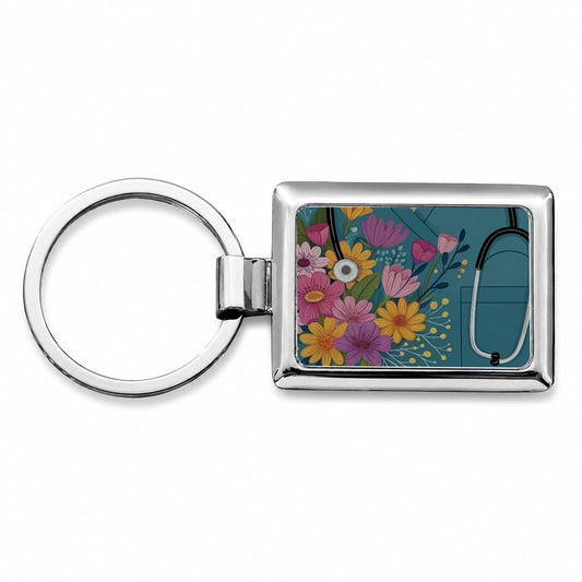 RN LVN Nurse Flowers Rectangle Metal Keychain