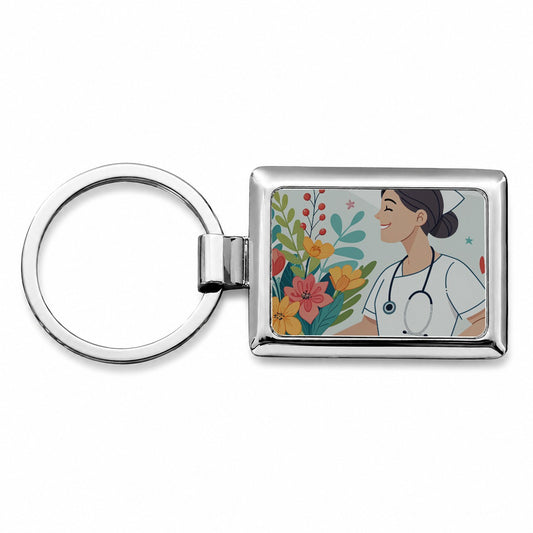 RN LVN Nurse Nursing Flowers Rectangle Metal Keychain