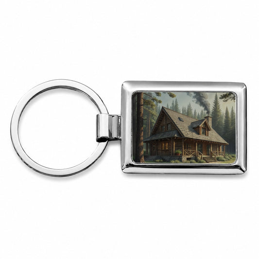 Rustic Hunting Lodge Log Cabin Rectangle Metal Keychain
