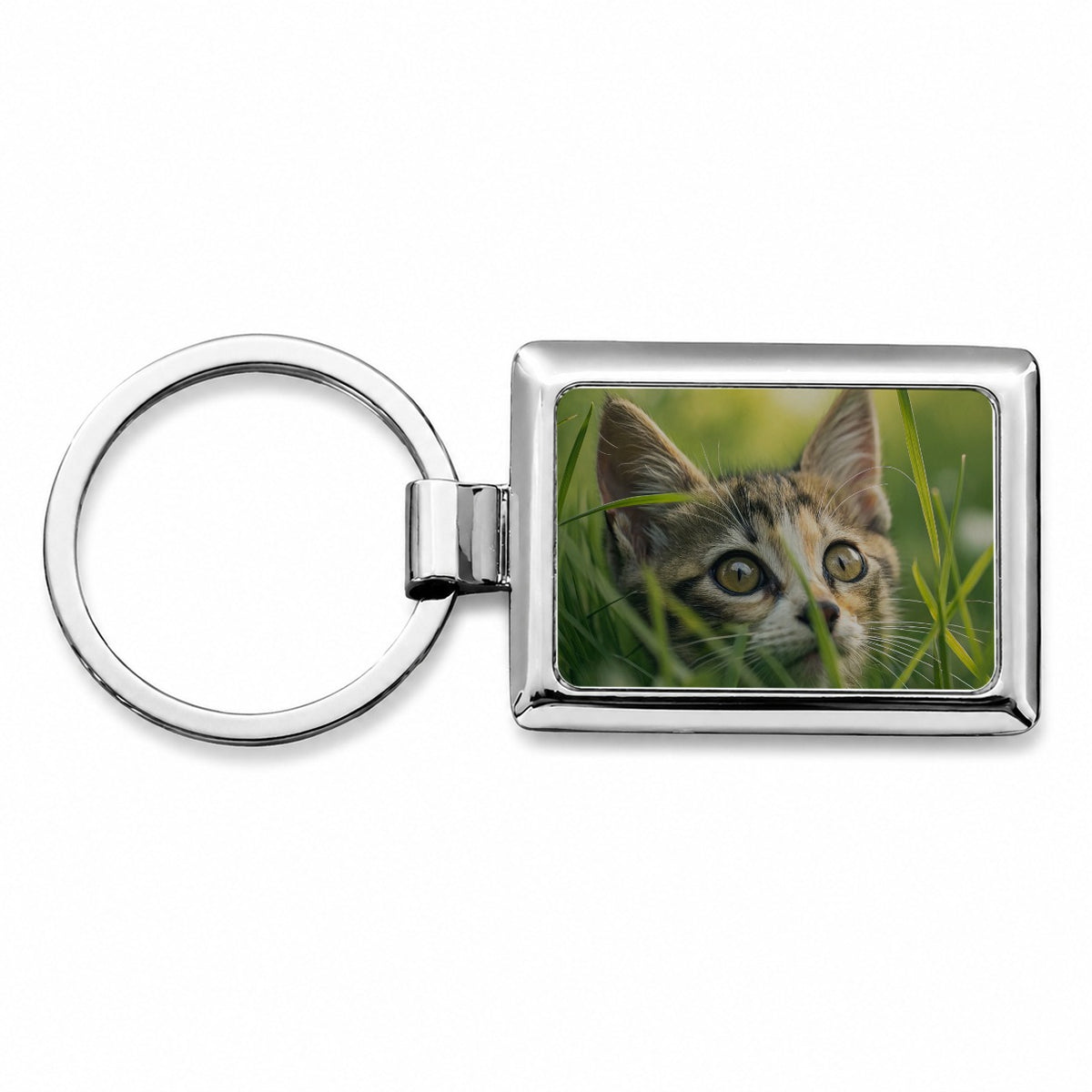 Tabby Cat In Nature Rectangle Metal Keychain