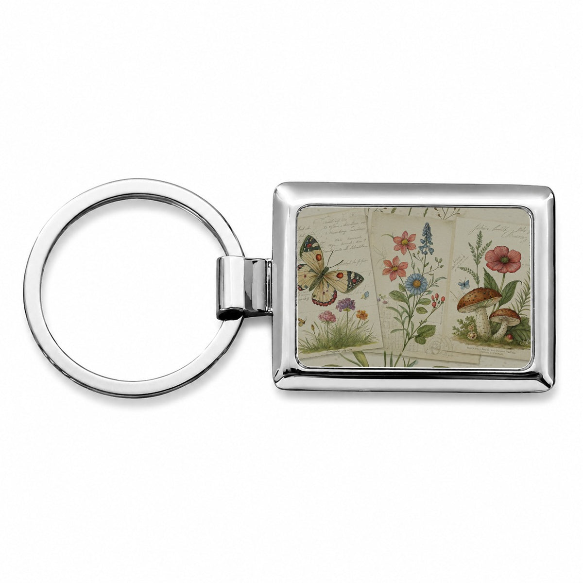 Vintage Botanical Illustration Collage Rectangle Metal Keychain