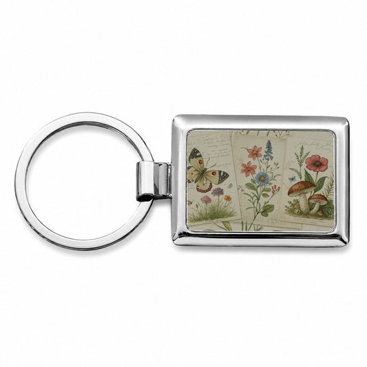 Vintage Botanical Illustration Collage Rectangle Metal Keychain