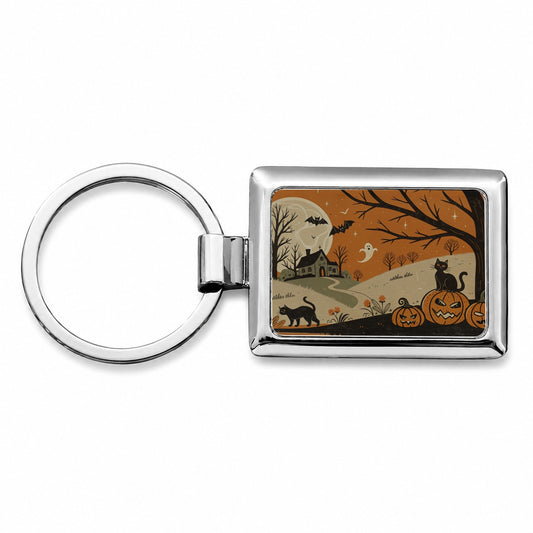 Vintage Halloween Black Cats Rectangle Metal Keychain