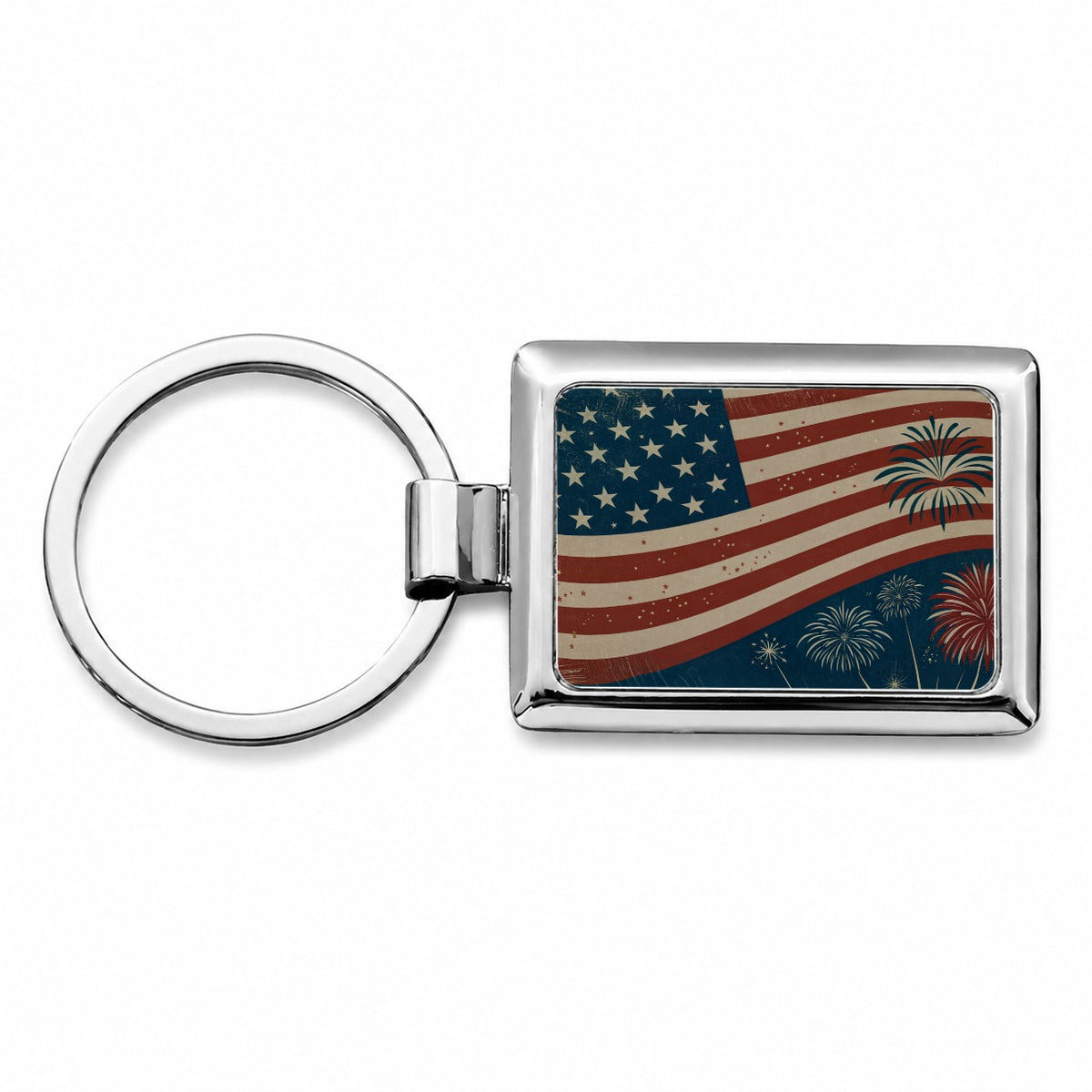 Vintage Patriotic Flag Fireworks Rectangle Metal Keychain
