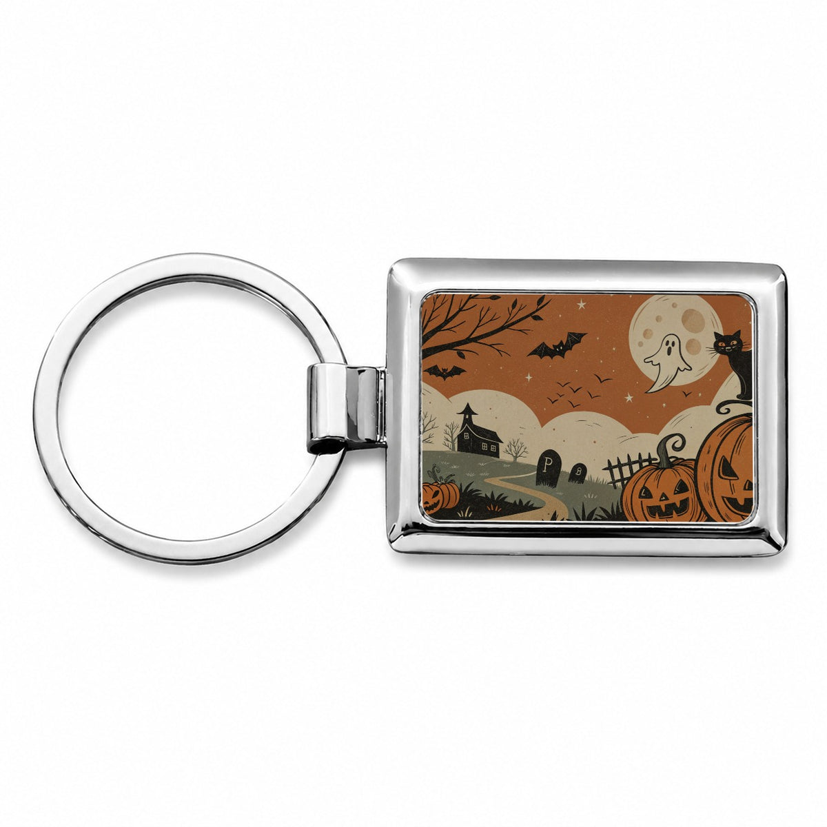 Vintage Pumpkin Halloween Scene Rectangle Metal Keychain