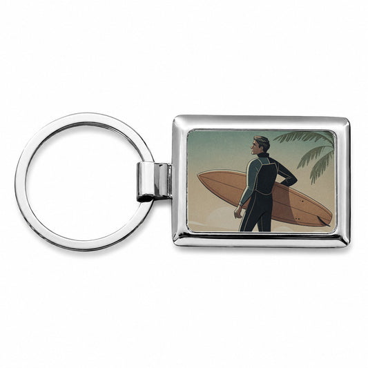 Vintage Surfer Beach Scene Rectangle Metal Keychain