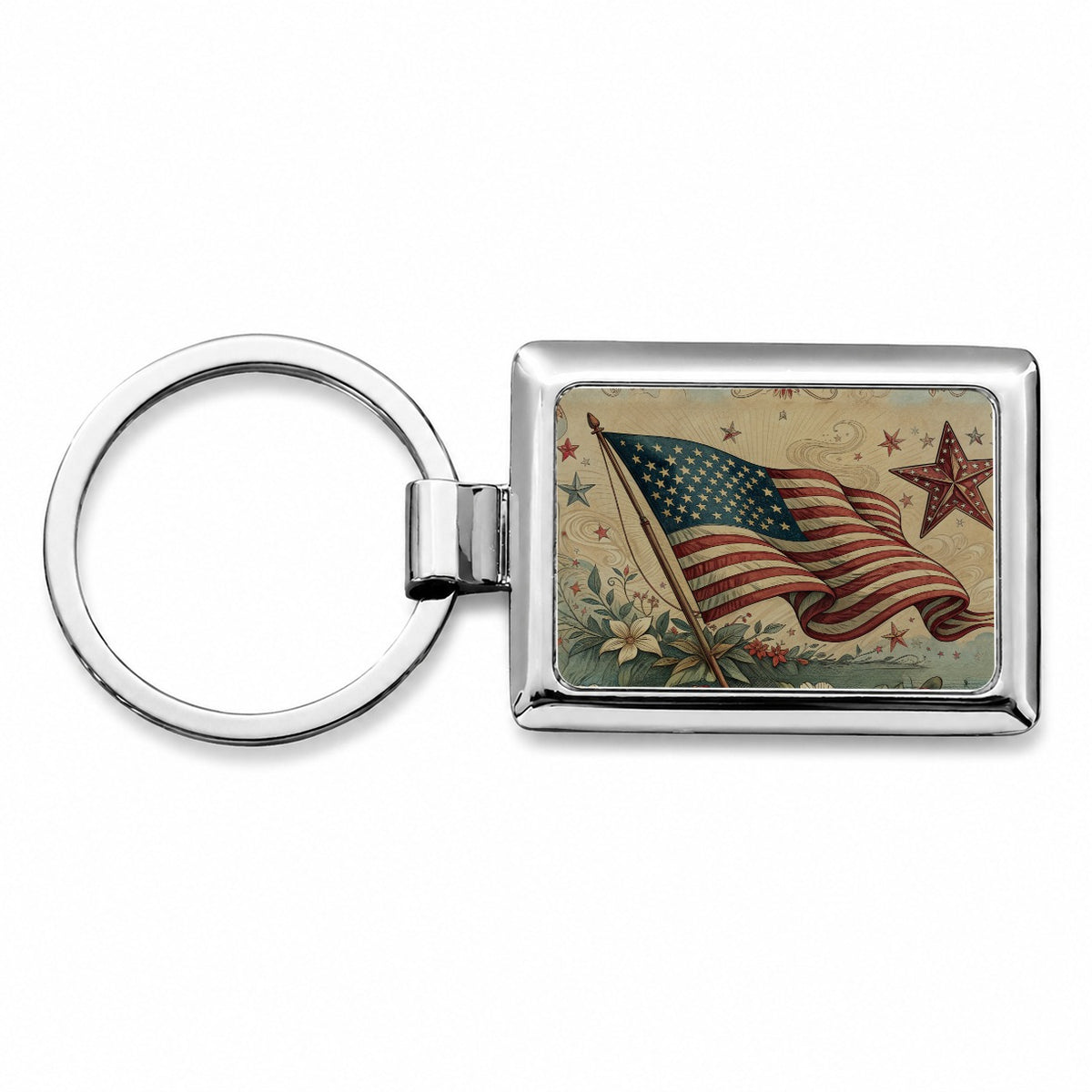 Vintage USA Flag Stars Patriotic Rectangle Metal Keychain