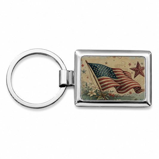 Vintage USA Flag Stars Patriotic Rectangle Metal Keychain