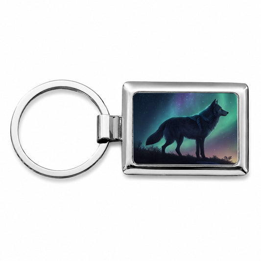 Wolf Beneath Aurora Borealis Rectangle Metal Keychain
