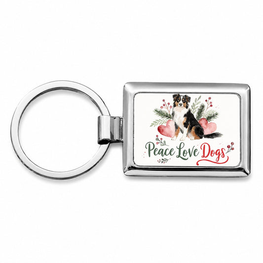 Australian Shepherd Peace Love Dogs Christmas Rectangle Metal Keychain