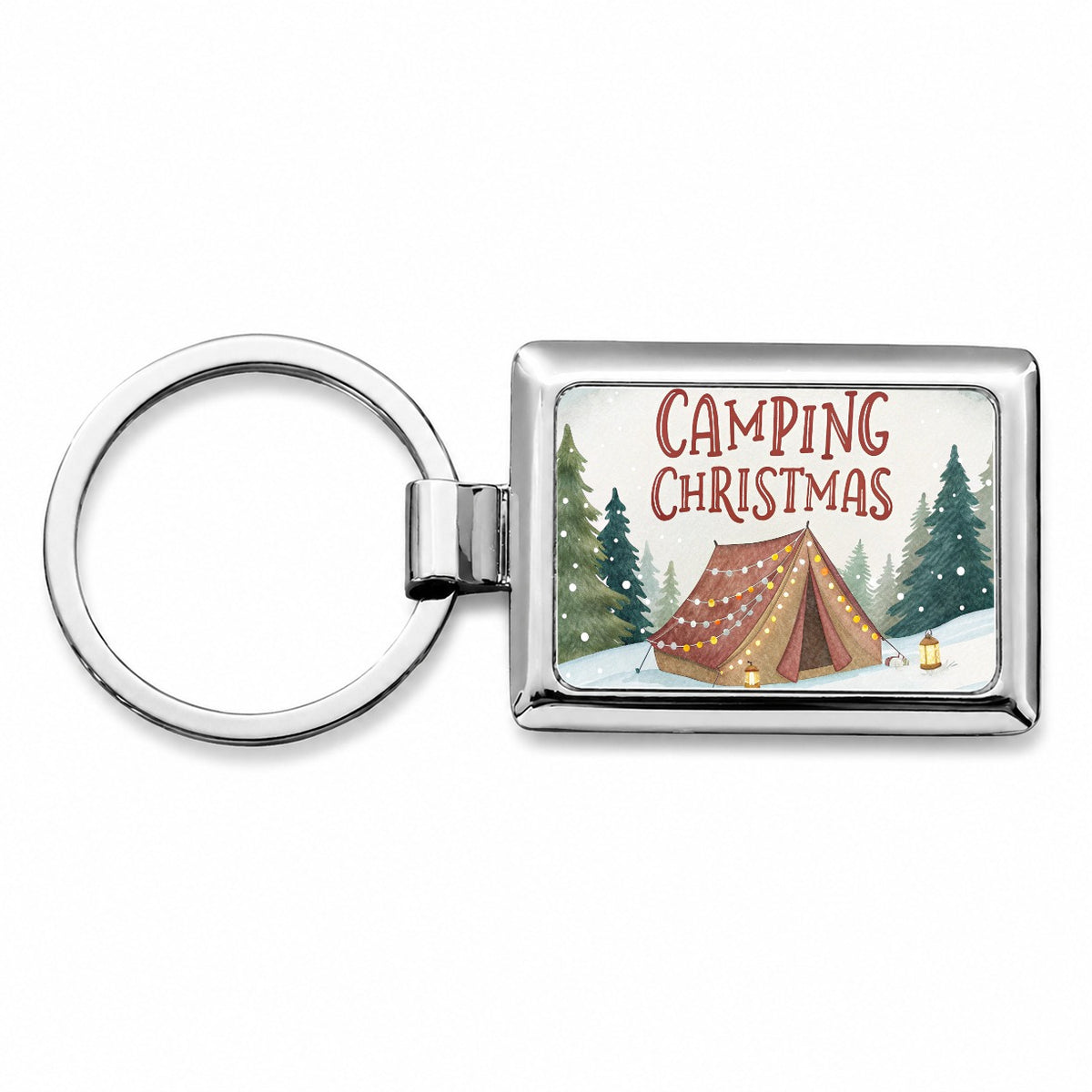 Camping Christmas Tent Rectangle Metal Keychain