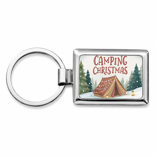 Camping Christmas Tent Rectangle Metal Keychain