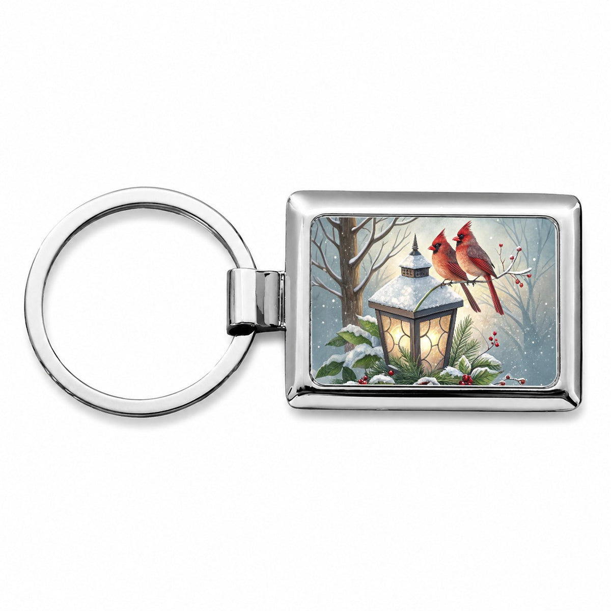Cardinal Birds Lantern Christmas Rectangle Metal Keychain