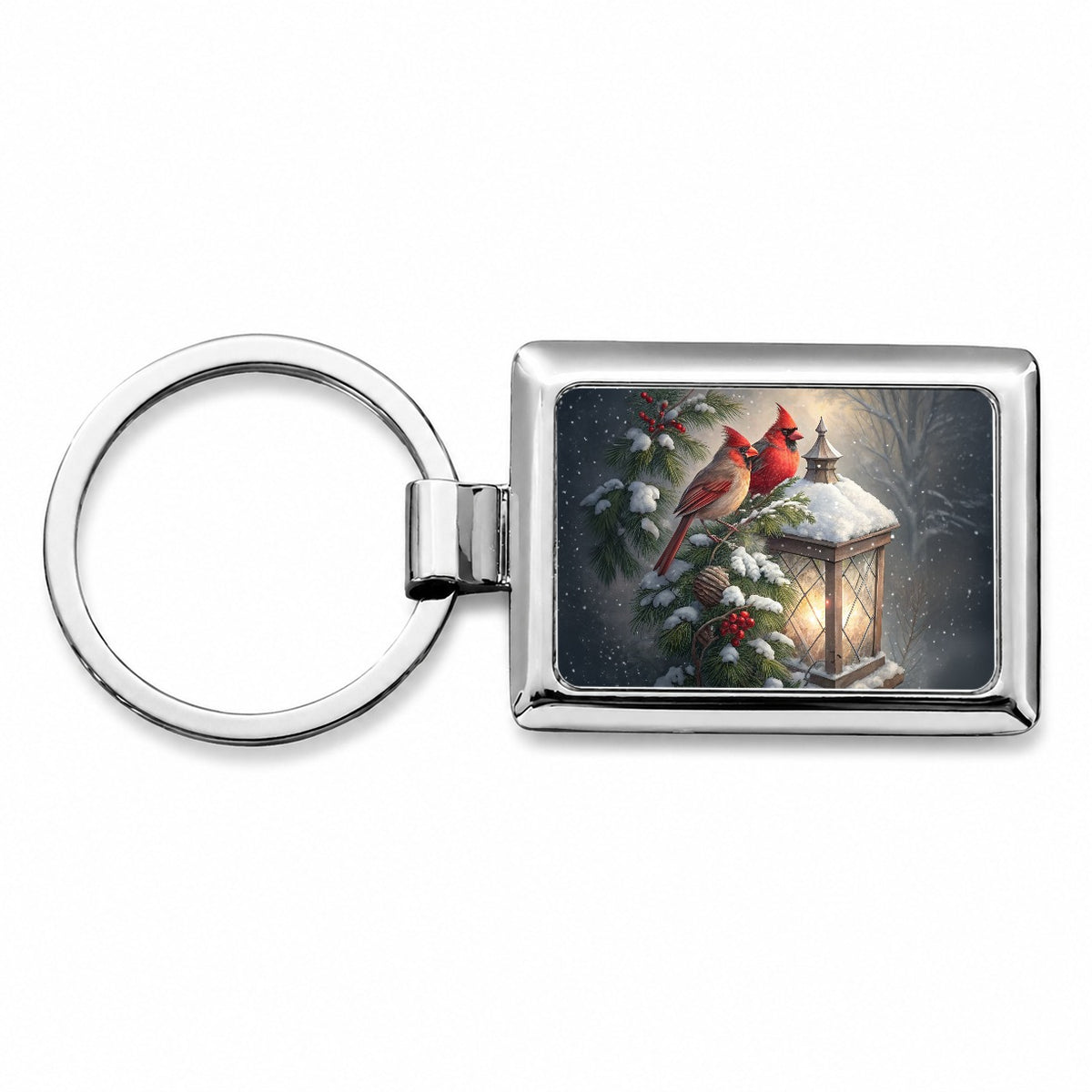 Cardinal Birds Snow Lantern Christmas Rectangle Metal Keychain