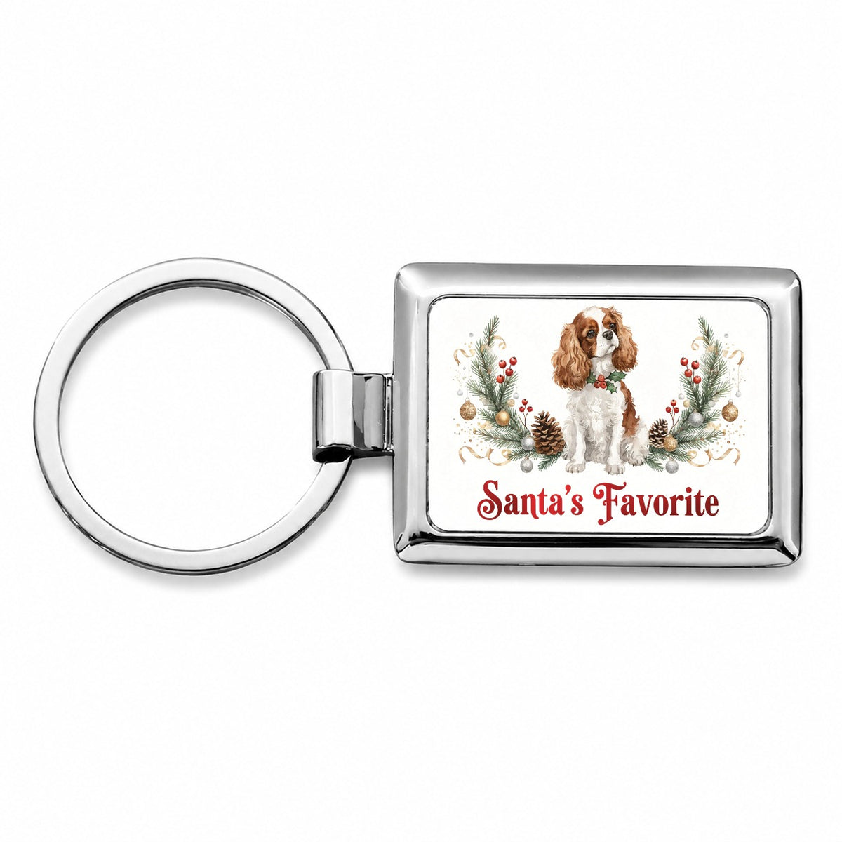 Cavalier King Charles Spaniel Dog Christmas Santa's Favorite Rectangle Metal Keychain