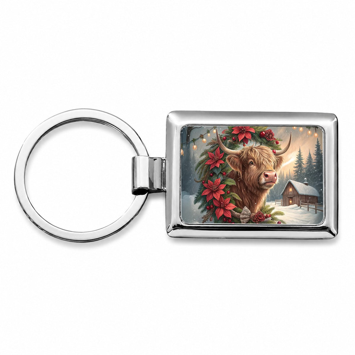 Christmas Highland Cow Barn Rectangle Metal Keychain