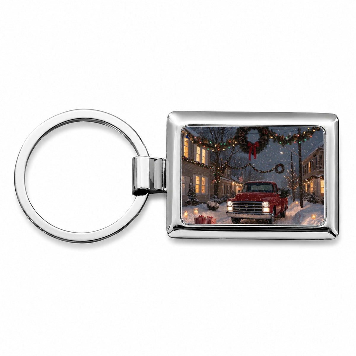 Christmas Red Truck Snow Rectangle Metal Keychain