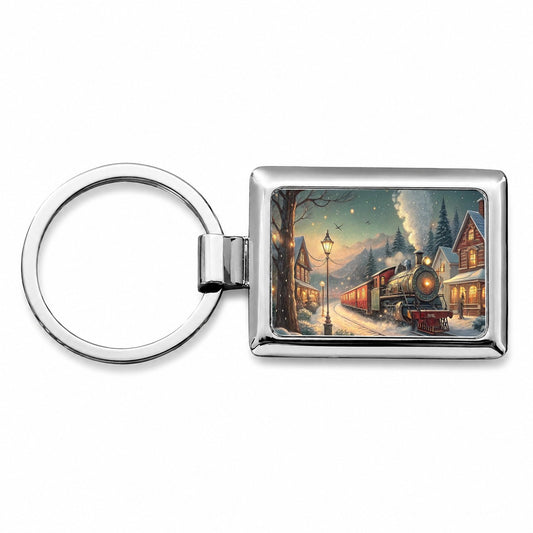 Christmas Train Snowy Village Rectangle Metal Keychain