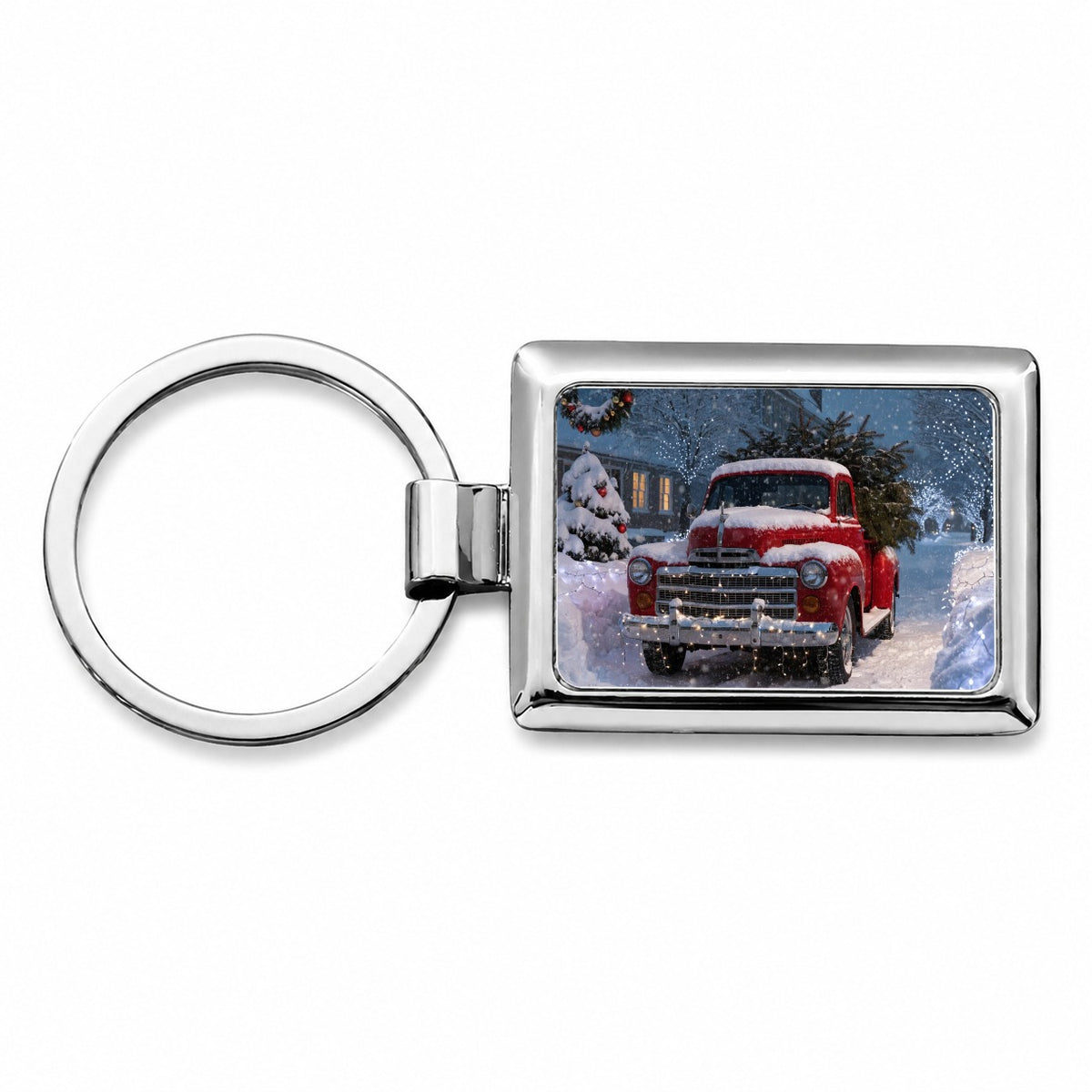 Christmas Tree In Red Truck Rectangle Metal Keychain
