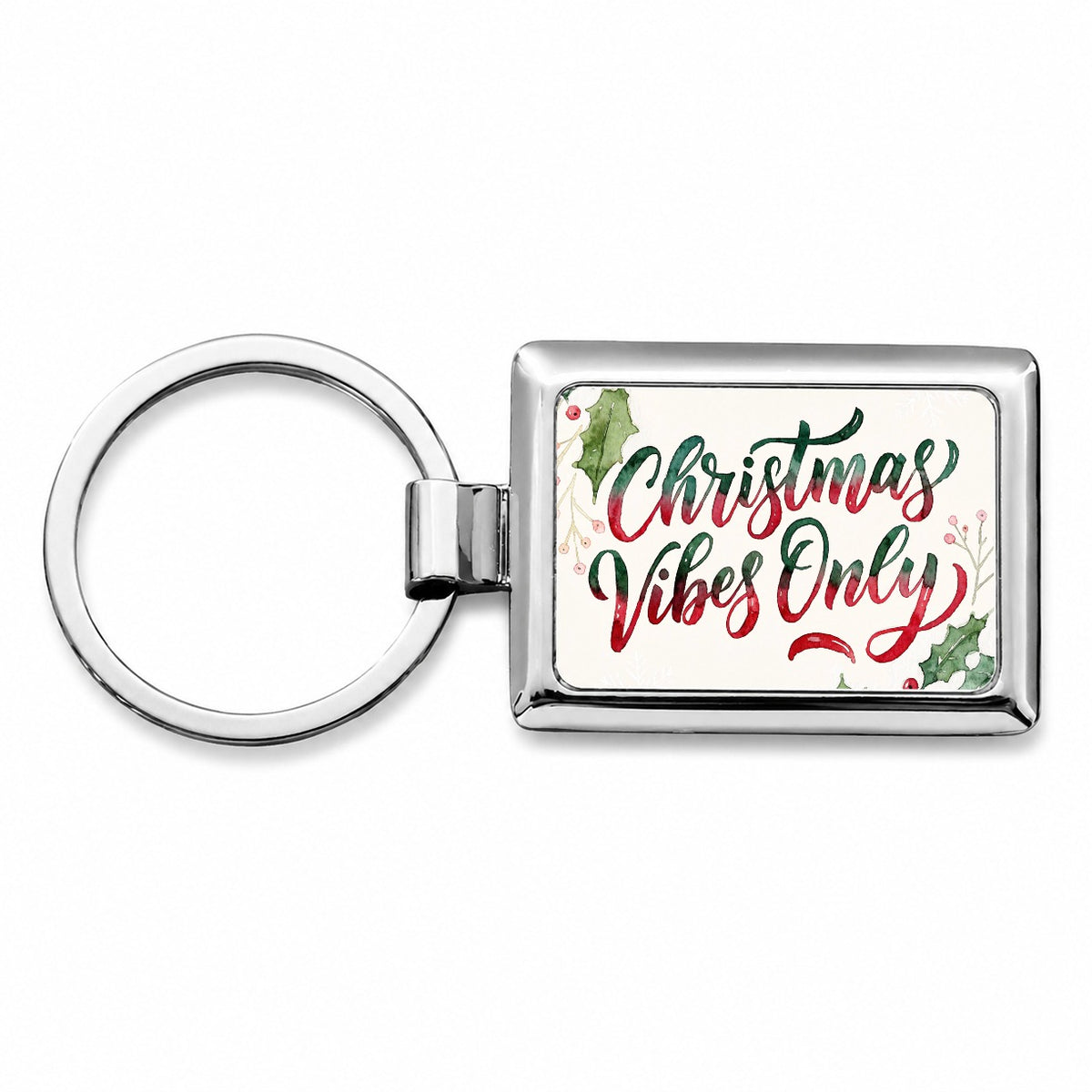 Christmas Vibes Only Script Rectangle Metal Keychain