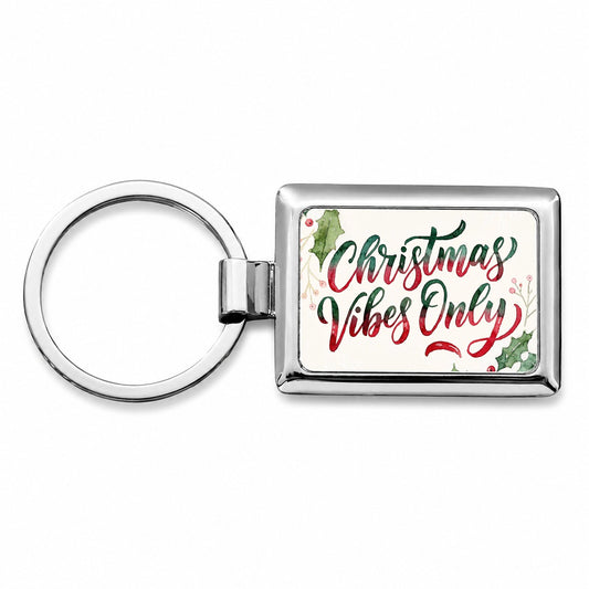 Christmas Vibes Only Script Rectangle Metal Keychain
