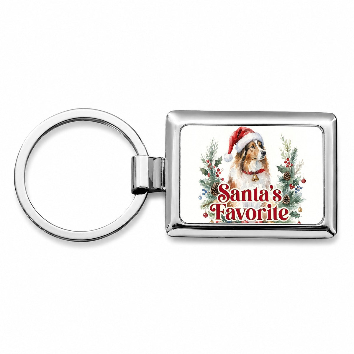 Collie Dog Christmas Santa's Favorite Rectangle Metal Keychain