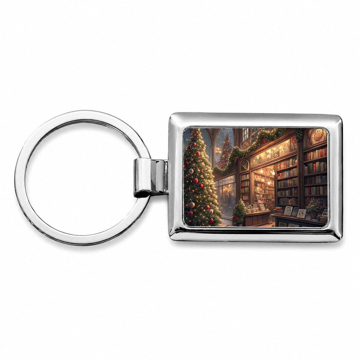 Cozy Christmas Bookstore Library Rectangle Metal Keychain