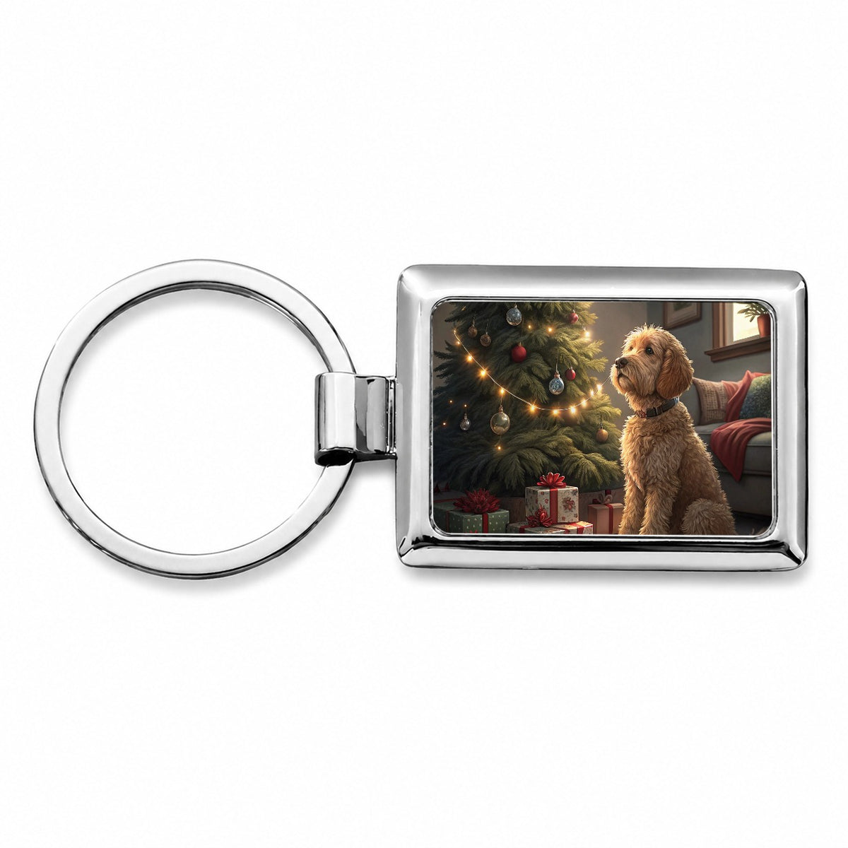Goldendoodle Sitting Christmas Rectangle Metal Keychain