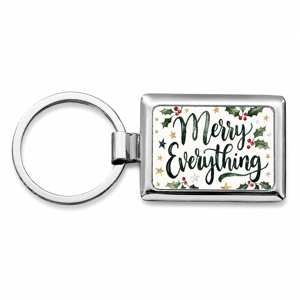 Merry Everything Christmas Green Rectangle Metal Keychain