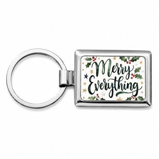 Merry Everything Christmas Green Rectangle Metal Keychain